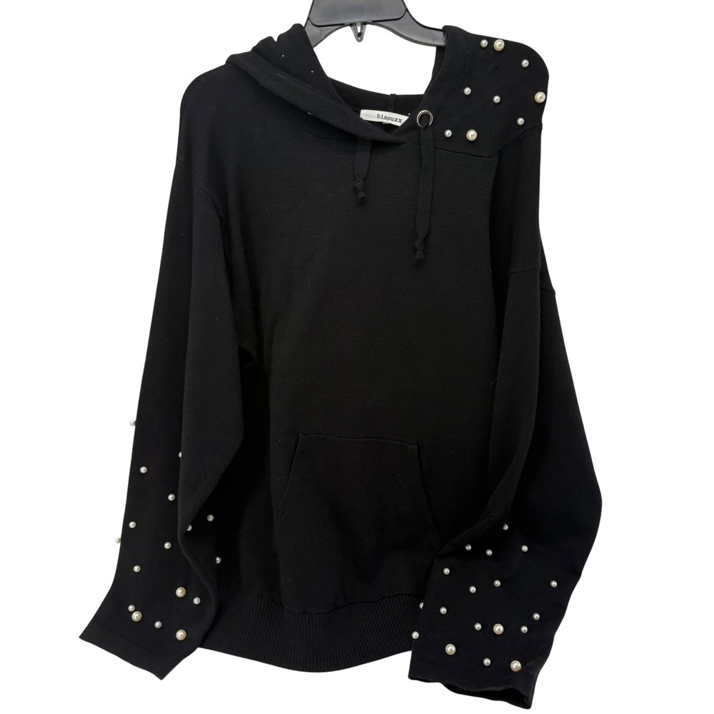 Bisouxx Womens Black Pearl Embellished Knit Hoodie Sweater Size Large
